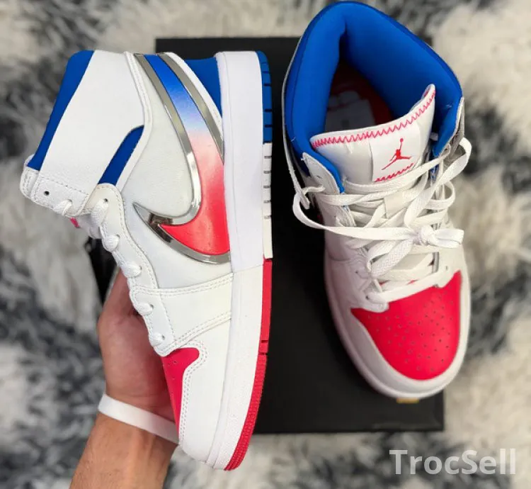 Jordan 1 Mid RM EasyOn White Siren Red Racer Blue - Taille 40 (7Y) - Neuve & Authentique